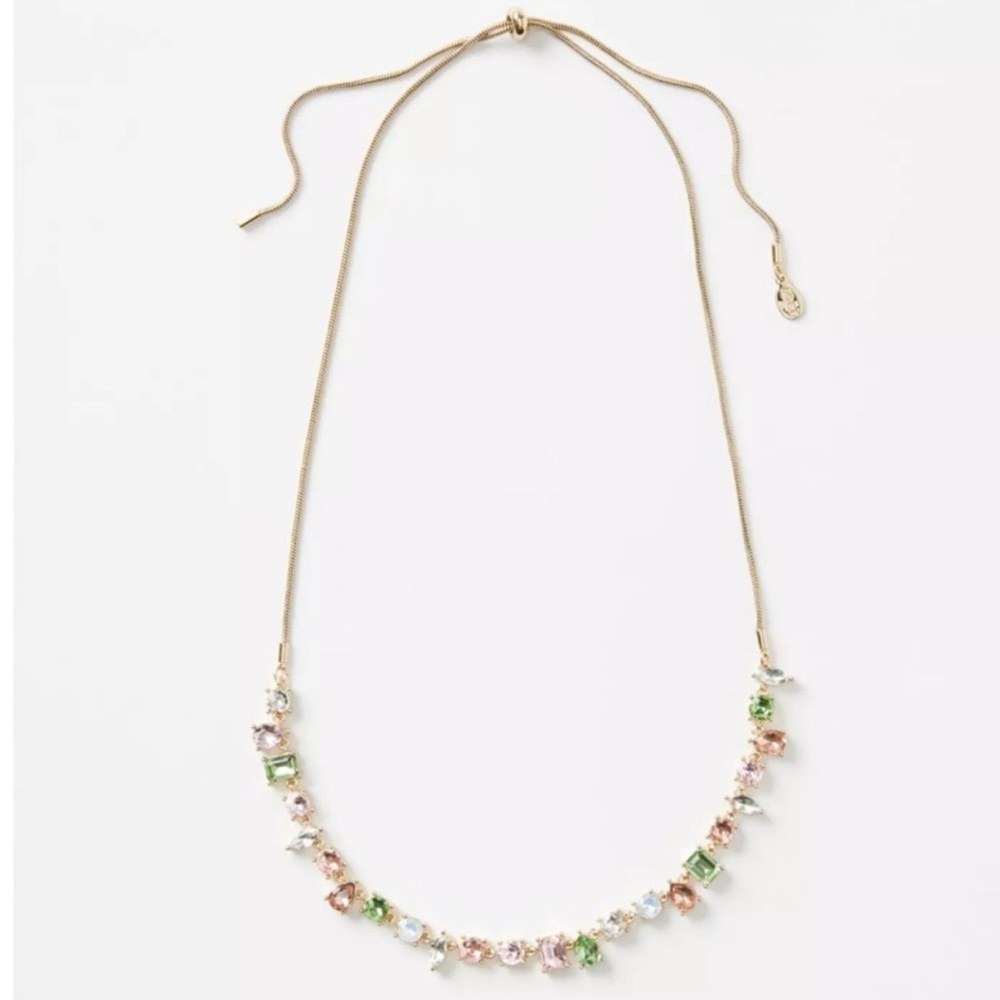 NWT  LOFT  Multicolor Pink & Green Gemstone Gold Pull Through Necklace
